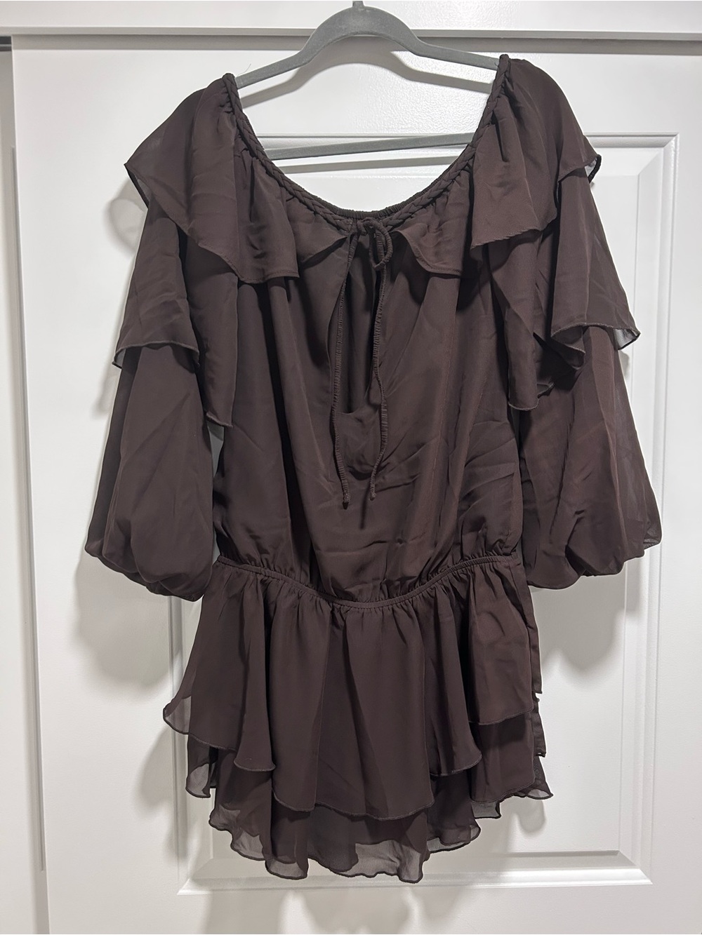 ASOS Brown Off-Shoulder Ruffle Mini Dress - Picture 2 of 4